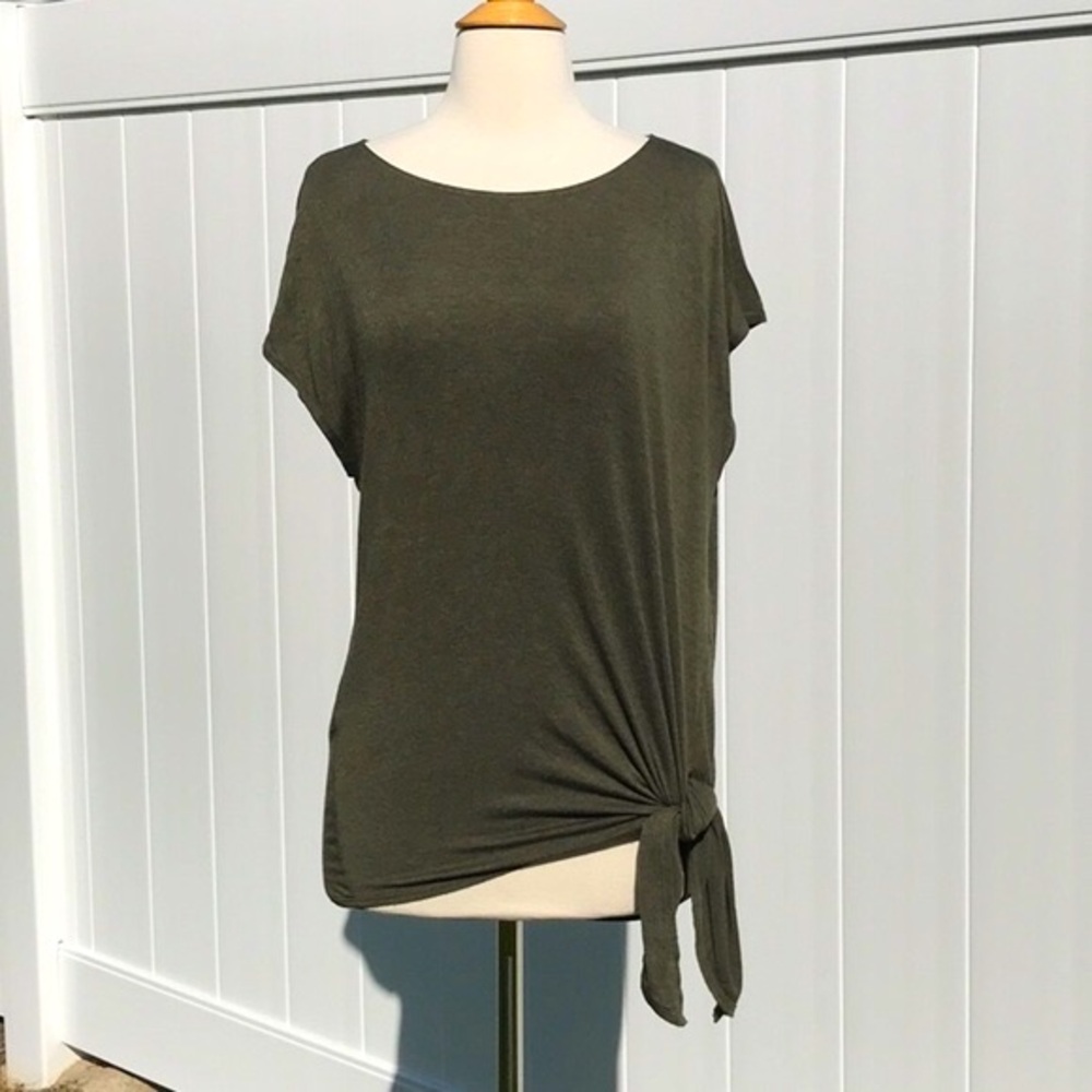 Max Studio Olive Green Couper Cut Cap Sleeve Knotted T Shirt Size Medium